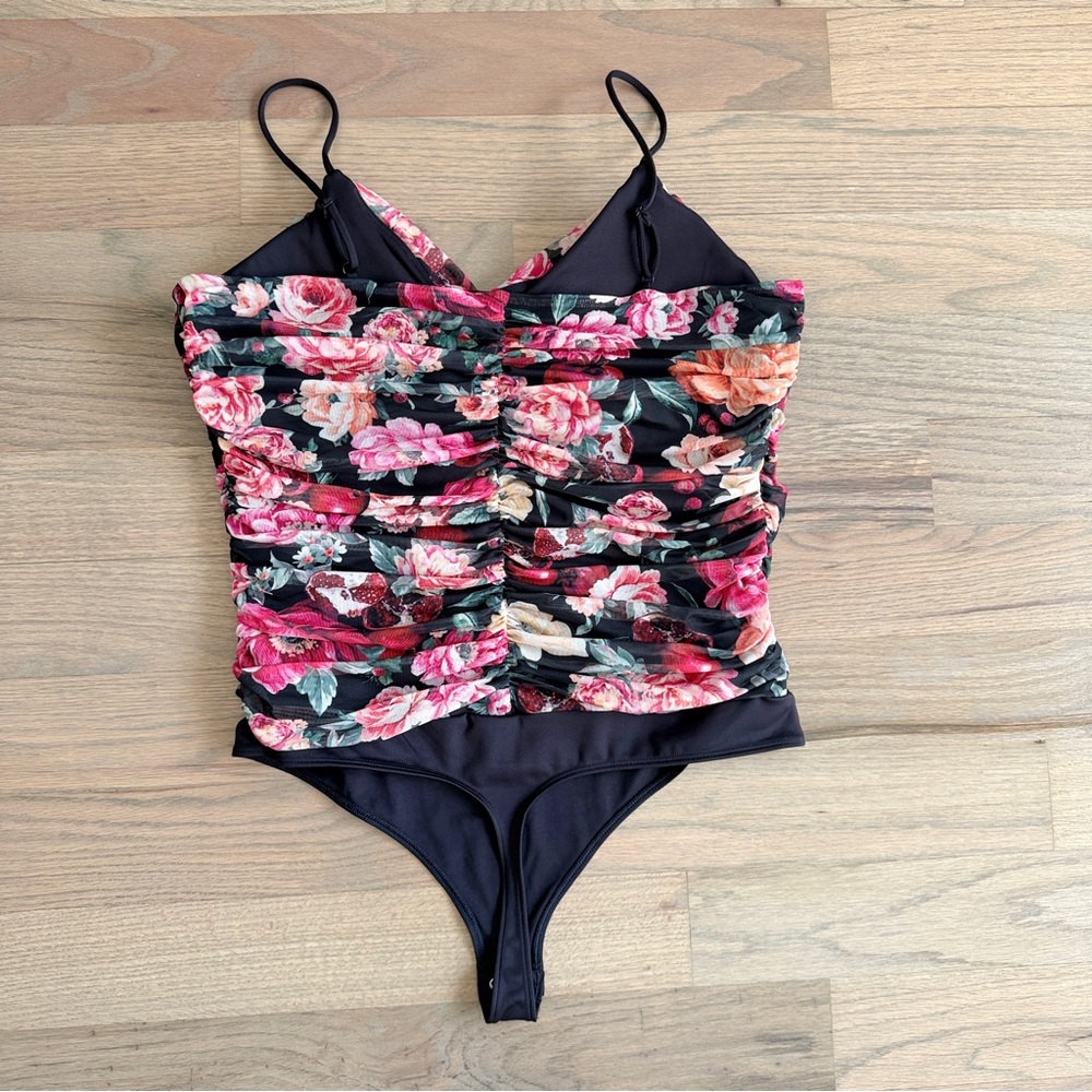 Express Body Contour Floral Mesh Cami Thong Bodysuit XL - Picture 7 of 9